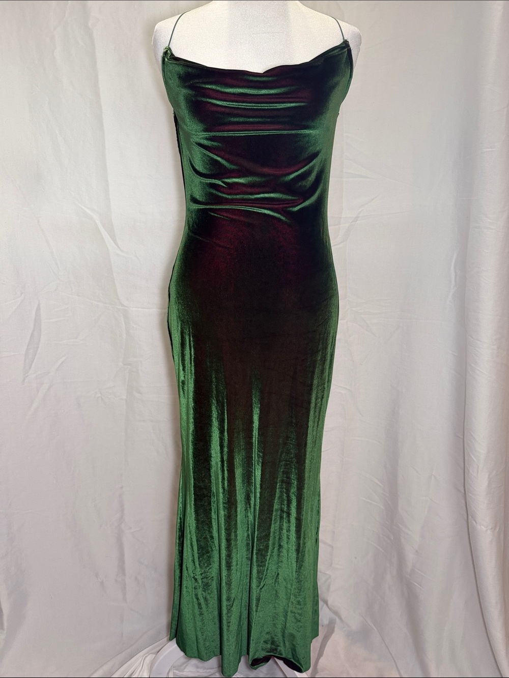 Emerald Green Velvet Cowl Midi Dress with Spaghetti Straps